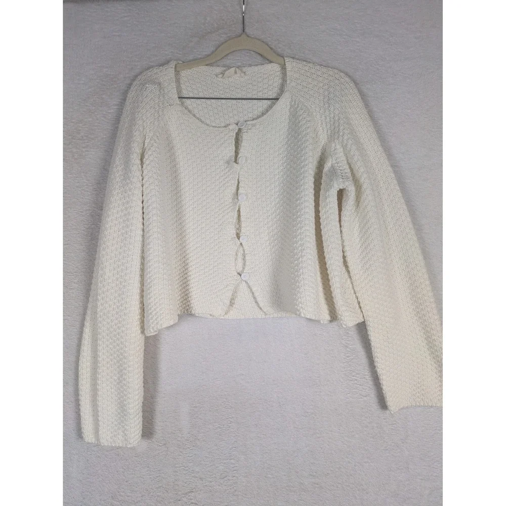 One Loved Babe Cardigan Women M Cream Cropped Textured Button Up Long Sleeve